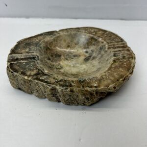 Vintage Alabaster Hand Carved Ashtray Ruff Edge Italy Green Brown Tan Rustic